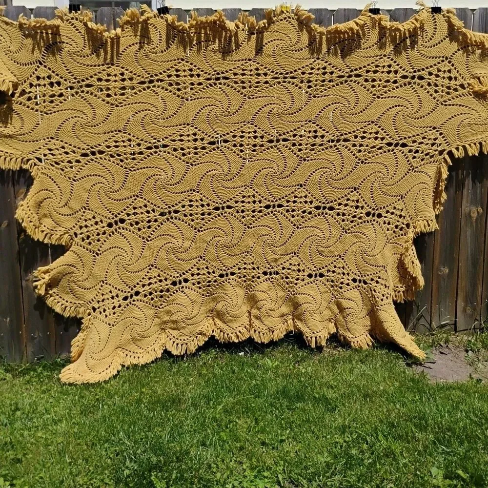 Vintage Mustard Yellow Crochet Afghan Blanket Pinwheel Starburst Fringe 112x65